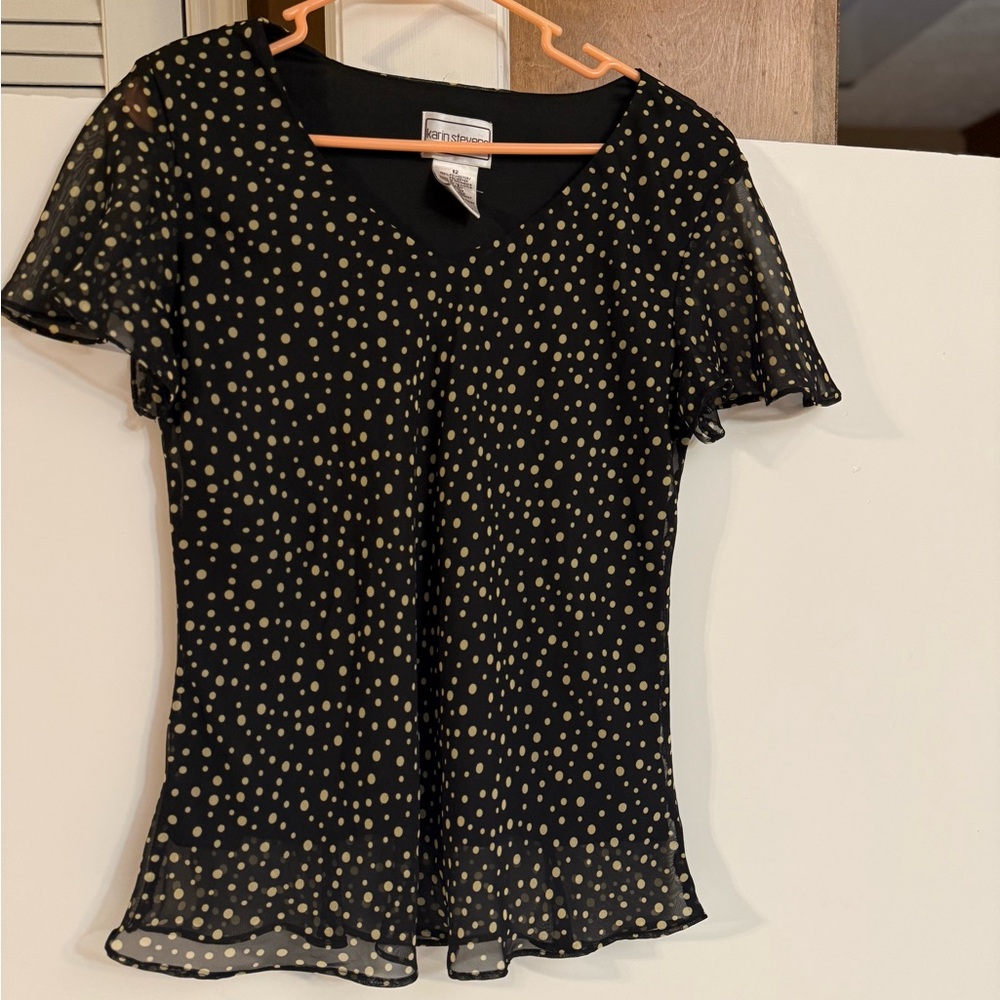Karin Stevens Black Blouse with Gold Dots